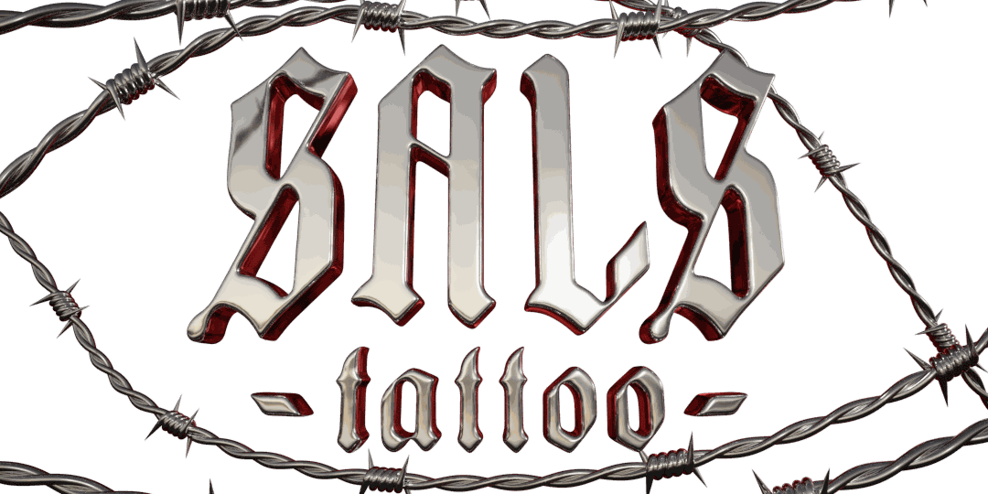 Sal's Tattoo — chrome logo framed by barbed wire